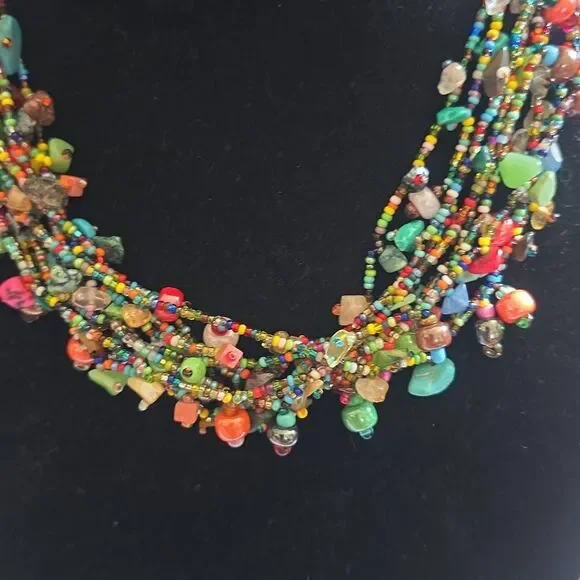 Vtg. Bohemian Beaded Necklace Artisan Rainbow Glass Beads/Semi Precious - Picture 4 of 7